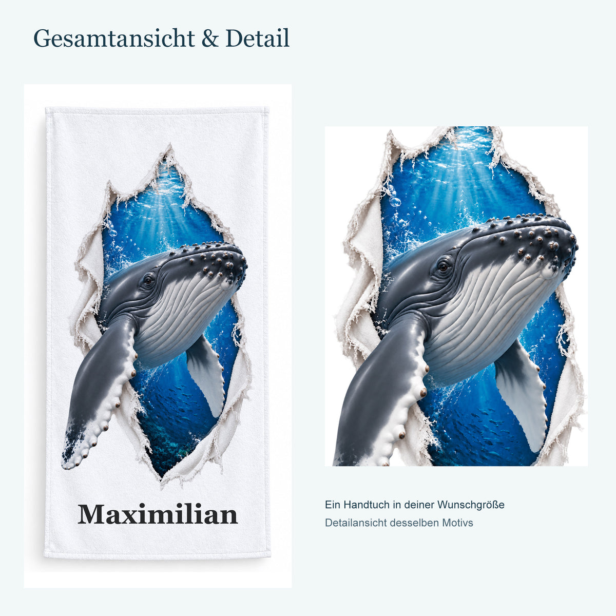 Ganzes Handtuch mit einem Buckelwal und vergrößerter Detailansicht desselben Druckmotivs.
