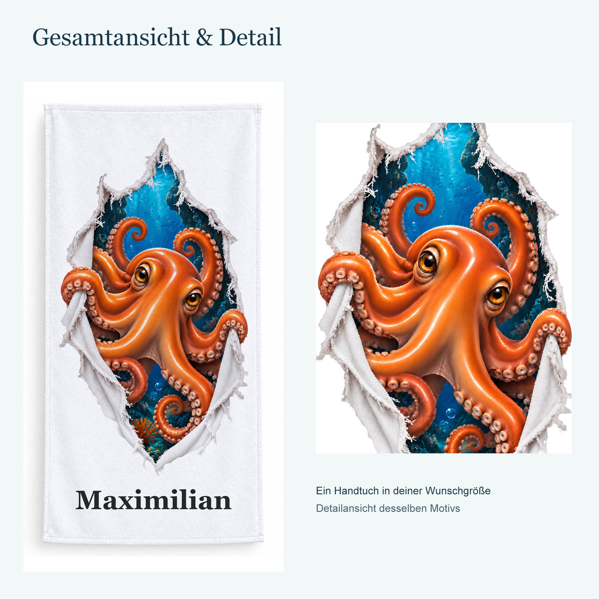 Ganzes Handtuch mit einer Krake und vergrößerter Detailansicht desselben Druckmotivs.