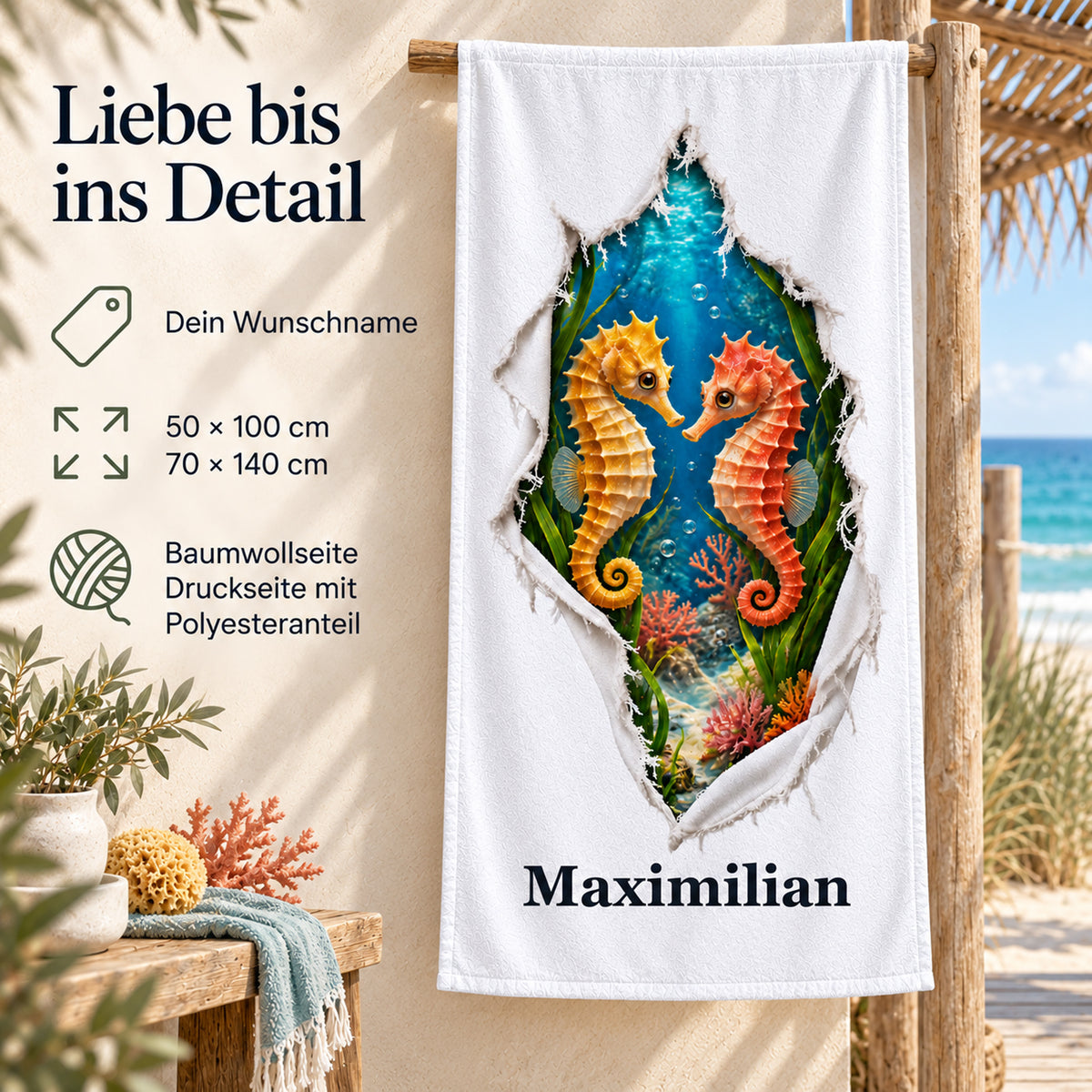 Handtuch mit zwei Seepferdchen: Produktdetails zu Wunschname, beiden Größen und Material.