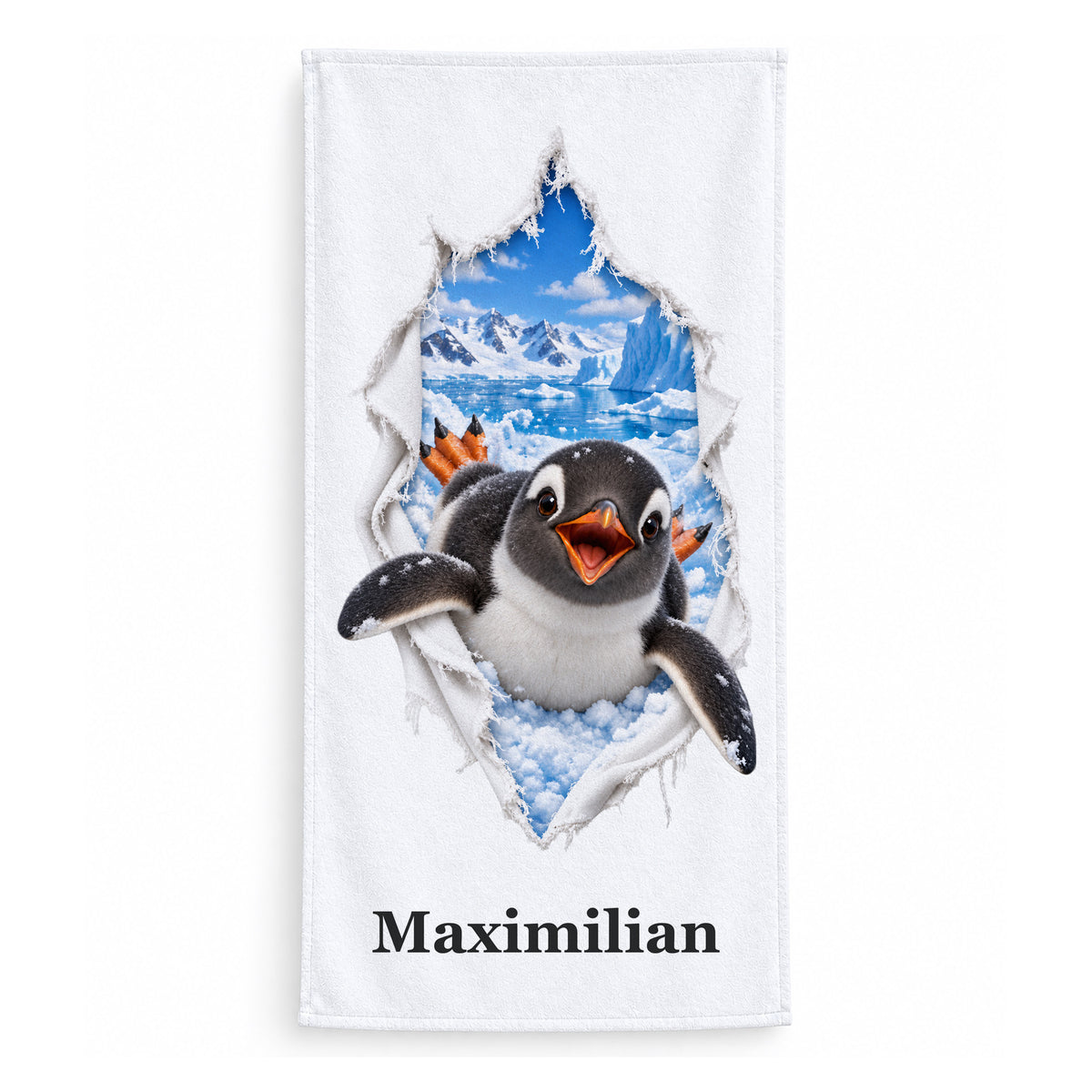 Weißes Handtuch mit einem Pinguin im Stoffrissmotiv und Wunschname auf weißem Hintergrund.