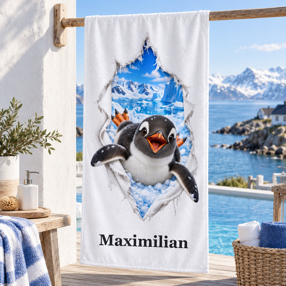 Bedruckte Vorderseite eines weißen Handtuchs mit einem Pinguin, Stoffrissmotiv und Wunschname.