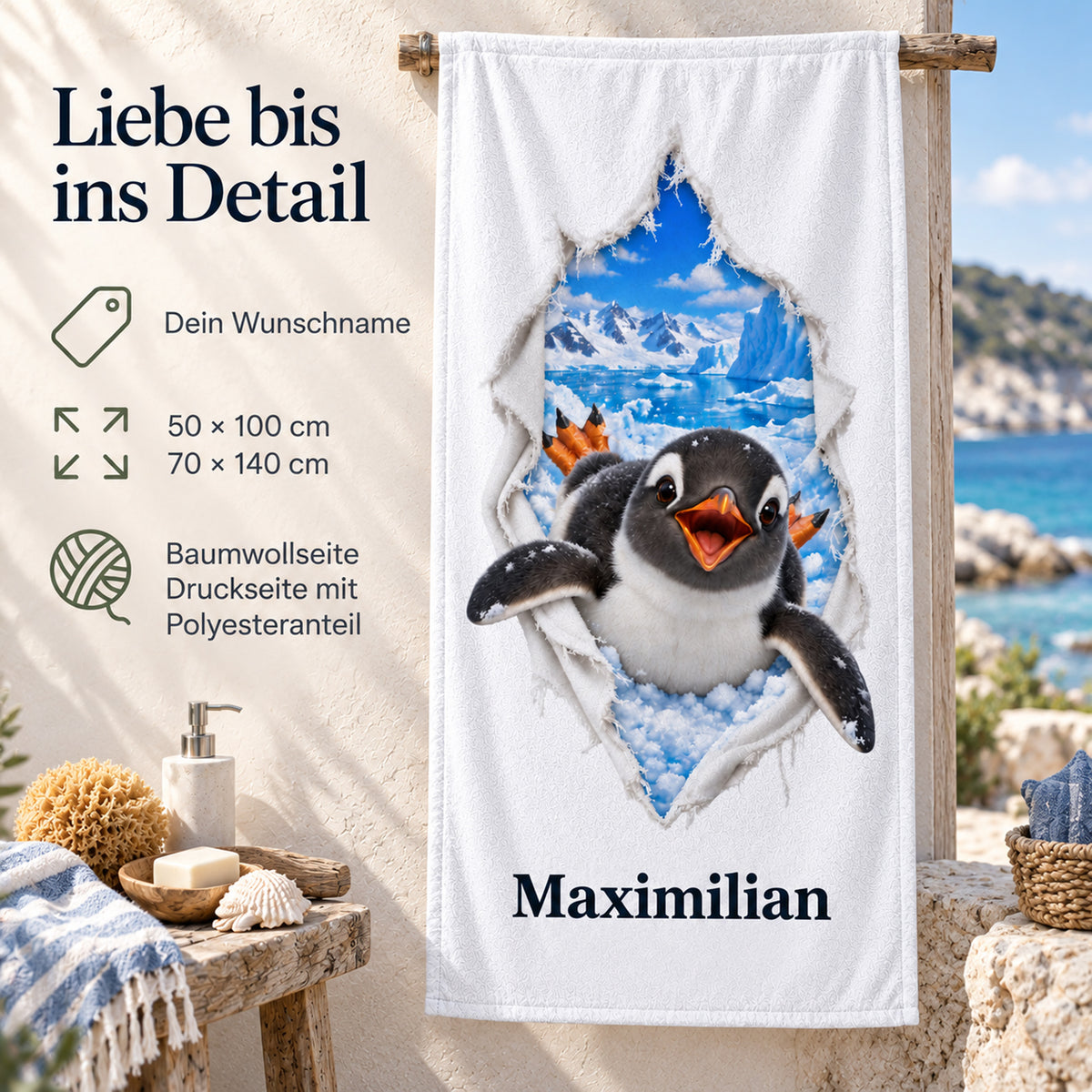 Handtuch mit einem Pinguin: Produktdetails zu Wunschname, beiden Größen und Material.