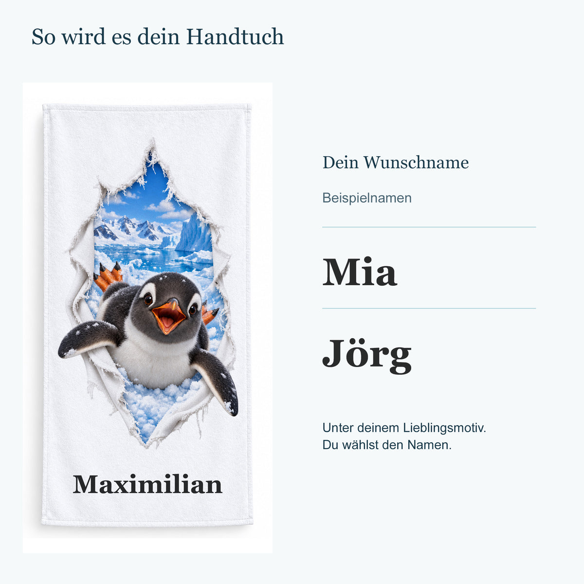 Handtuch mit einem Pinguin neben getrennten Beispielnamen in kräftiger Serifenschrift.
