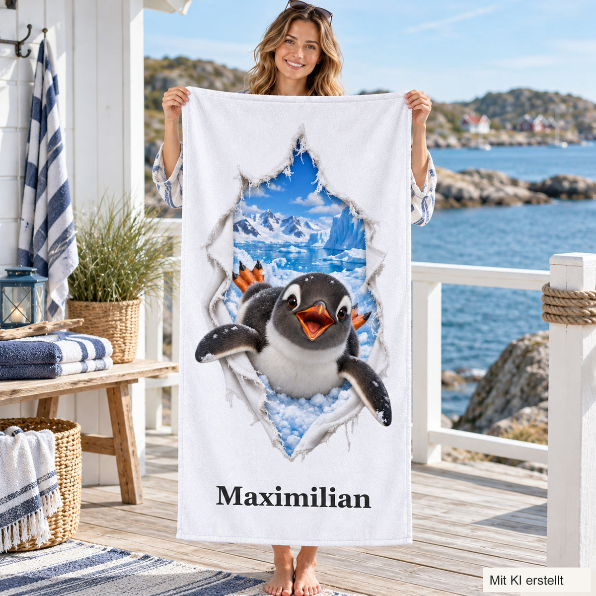 Eine Person hält ein weißes Handtuch mit einem Pinguin im Stoffrissmotiv und Wunschname.