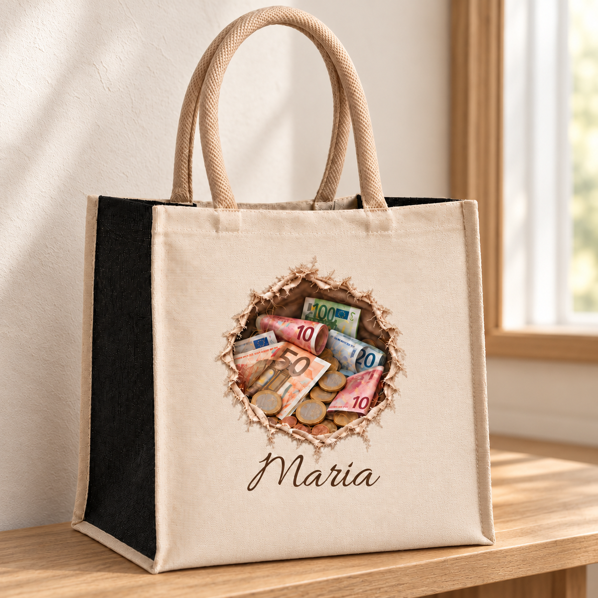 Tasche mit Wunschname und Motiv „Geld sichtbar“ auf einer Holzbank im Sonnenlicht.