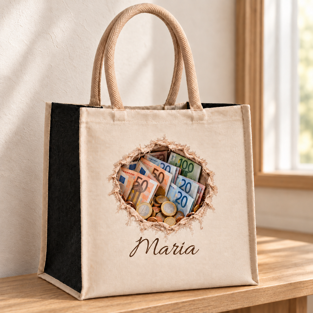 Tasche mit Wunschname und Motiv „Scheine und Münzen“ auf einer Holzbank im Sonnenlicht.