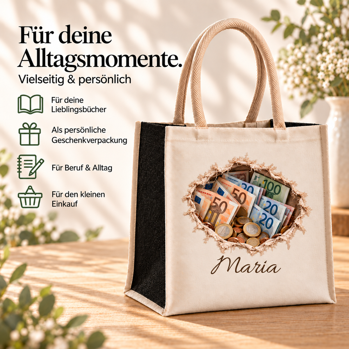 Tasche mit Geldmotiv und Wunschname; Ideen für Bücher, Geschenkverpackung, Beruf, Alltag und kleine Einkäufe.