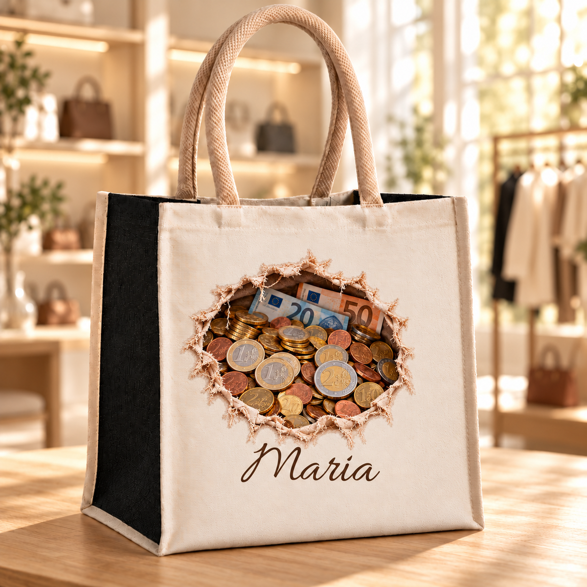 Shoppingtasche mit Wunschname und Motiv „Münzfüllung“ auf einem Holztisch in einer hellen Boutique.