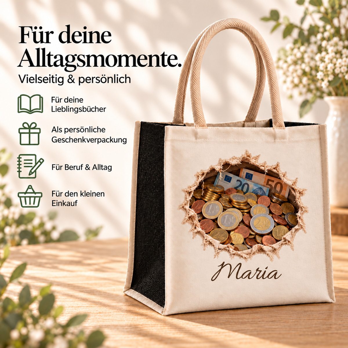 Tasche mit Geldmotiv und Wunschname; Ideen für Bücher, Geschenkverpackung, Beruf, Alltag und kleine Einkäufe.