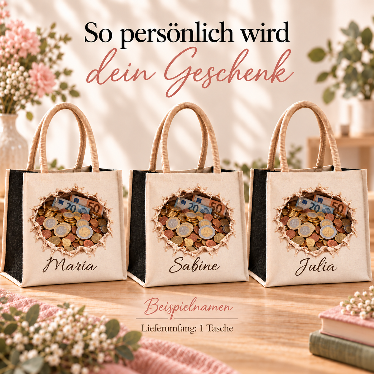 Drei Taschen mit Motiv „Münzfüllung“ zeigen unterschiedliche Wunschnamen; Lieferumfang eine Tasche.