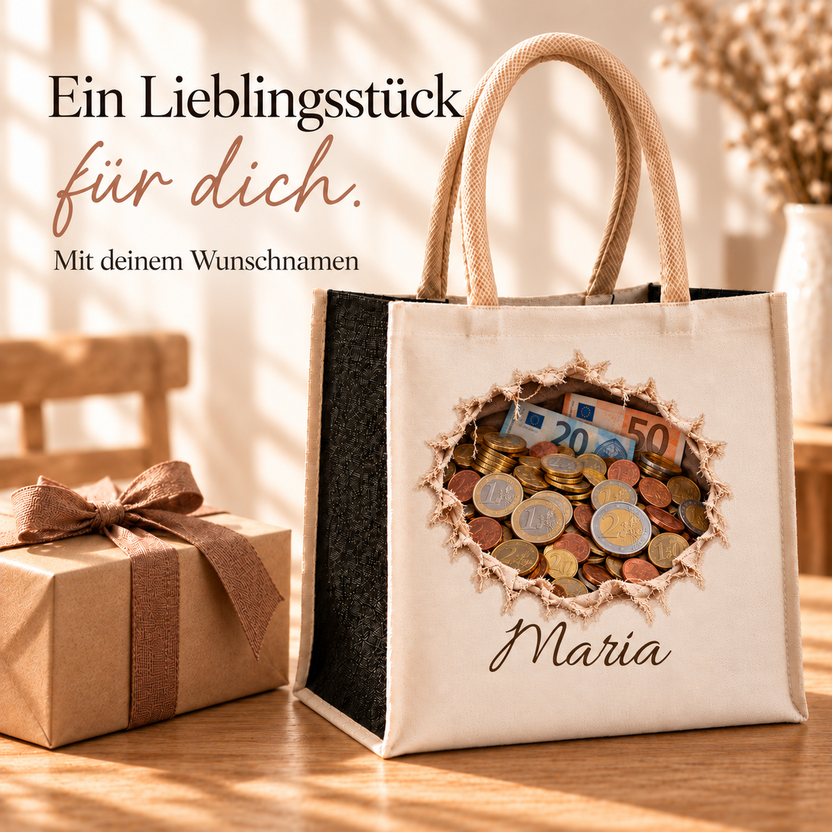 Personalisierte Shoppingtasche mit Motiv „Münzfüllung“ neben einem Geschenk mit brauner Schleife.