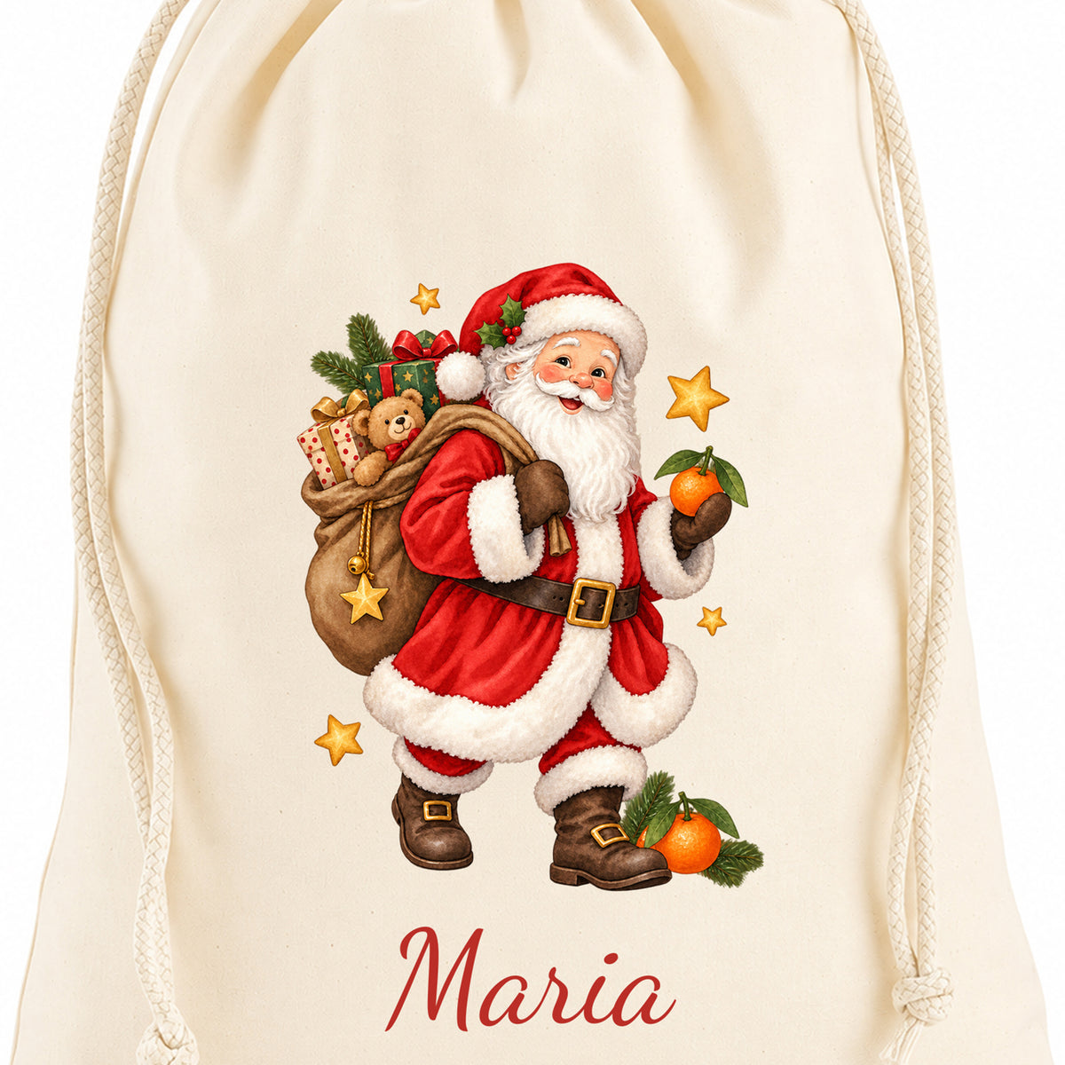 Nahaufnahme des Nikolaus-Aufdrucks und der roten Namensschrift auf naturfarbenem Baumwollstoff