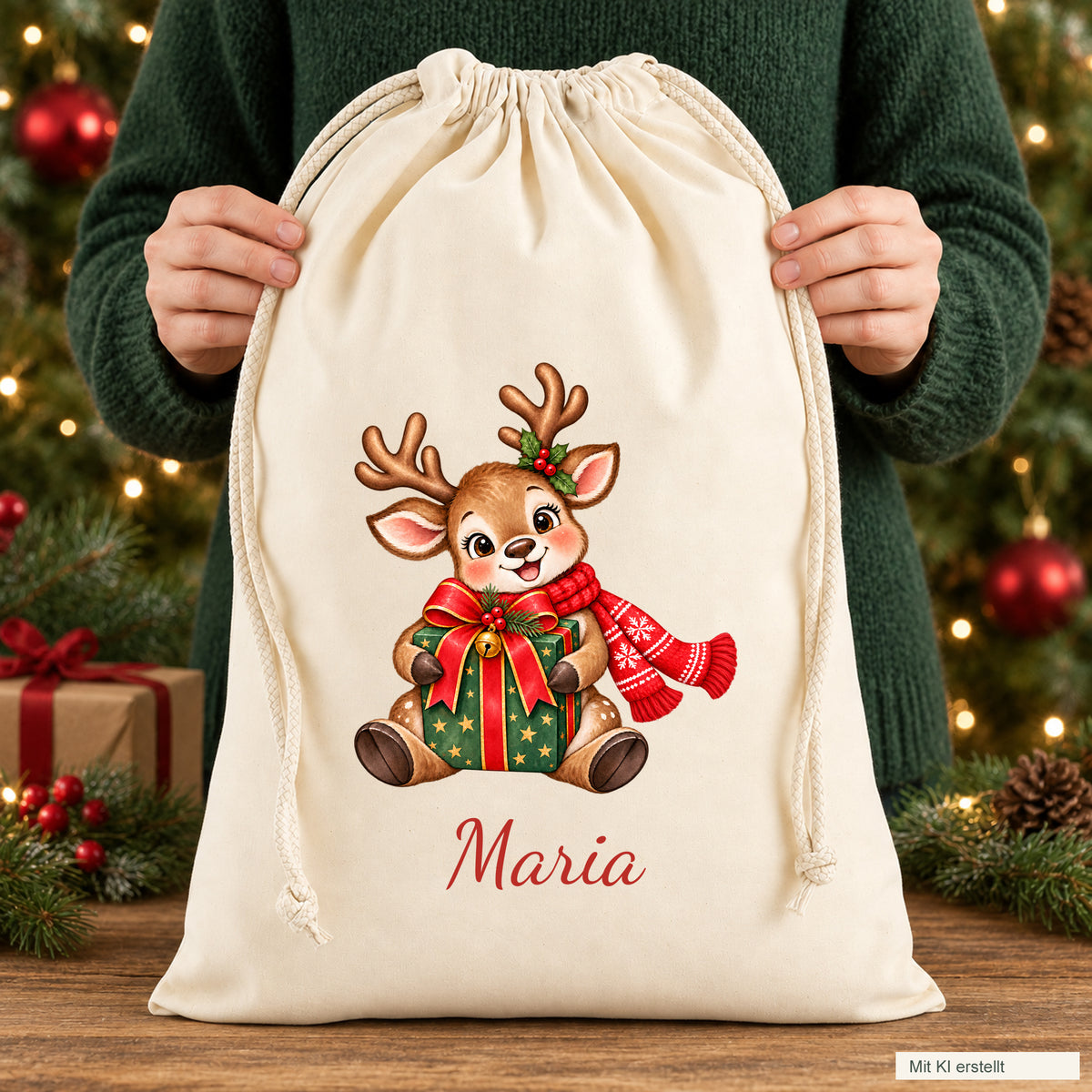 Zwei Hände präsentieren einen naturfarbenen Rentier-Geschenksack mit Namensaufdruck
