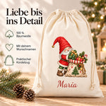 Personalisierter Wichtel-Beutel mit Angaben zu Baumwolle, Wunschname und Kordelzug