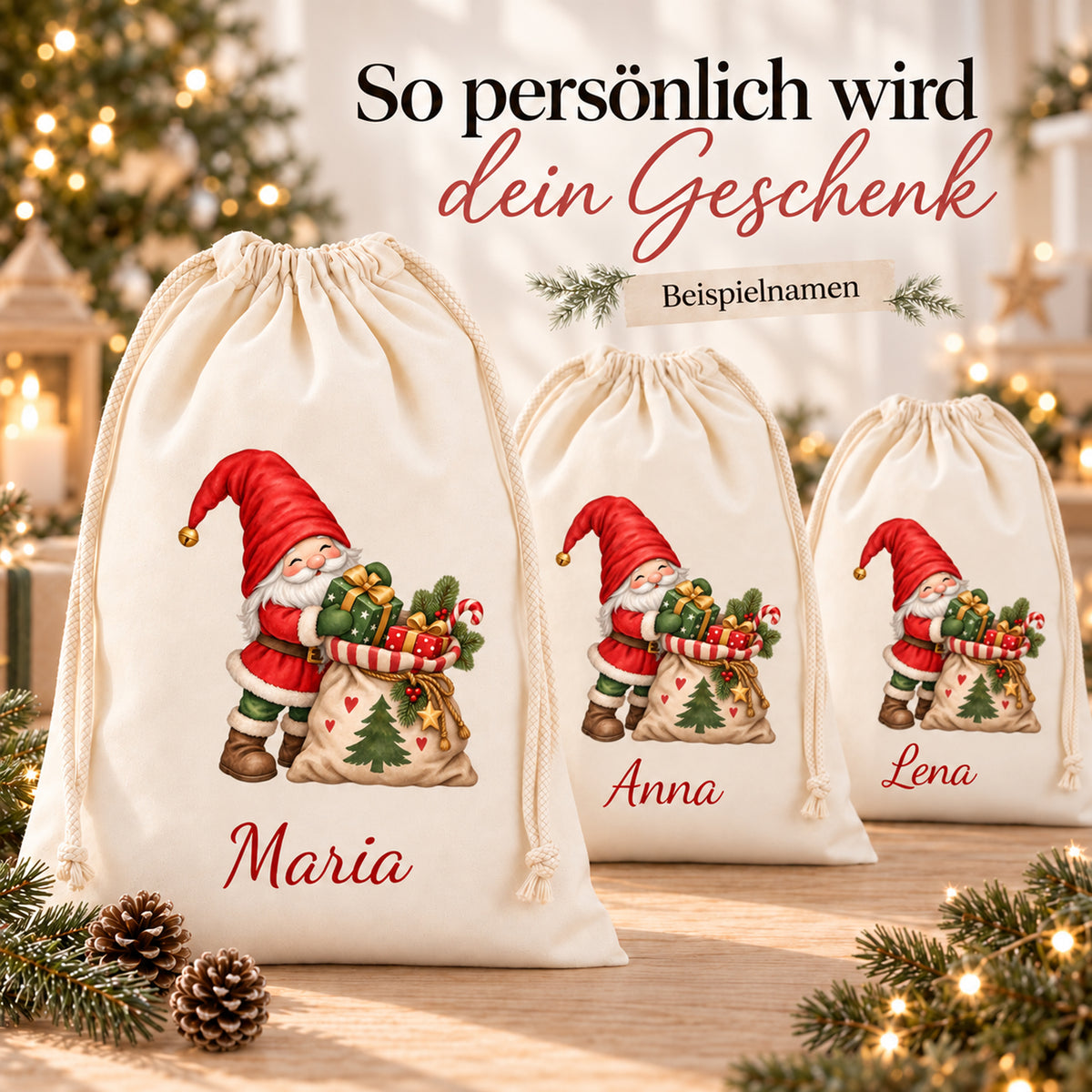 Drei Wichtel-Geschenksäcke mit verschiedenen Beispielnamen in roter Schrift