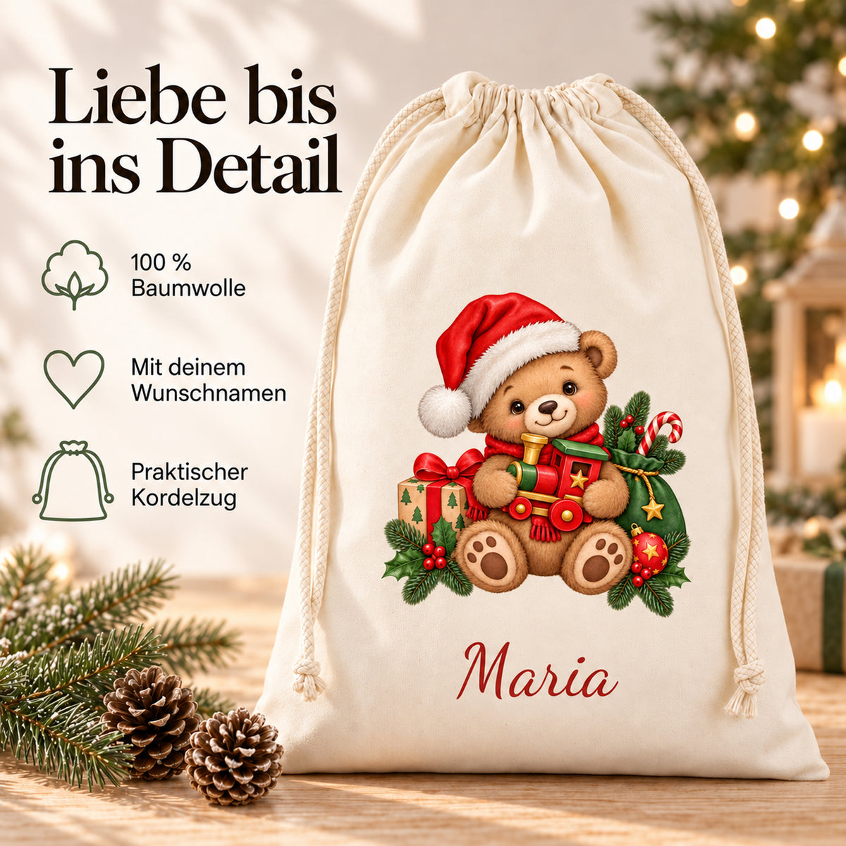 Personalisierter Weihnachtsbär-Beutel mit Angaben zu Baumwolle, Wunschname und Kordelzug