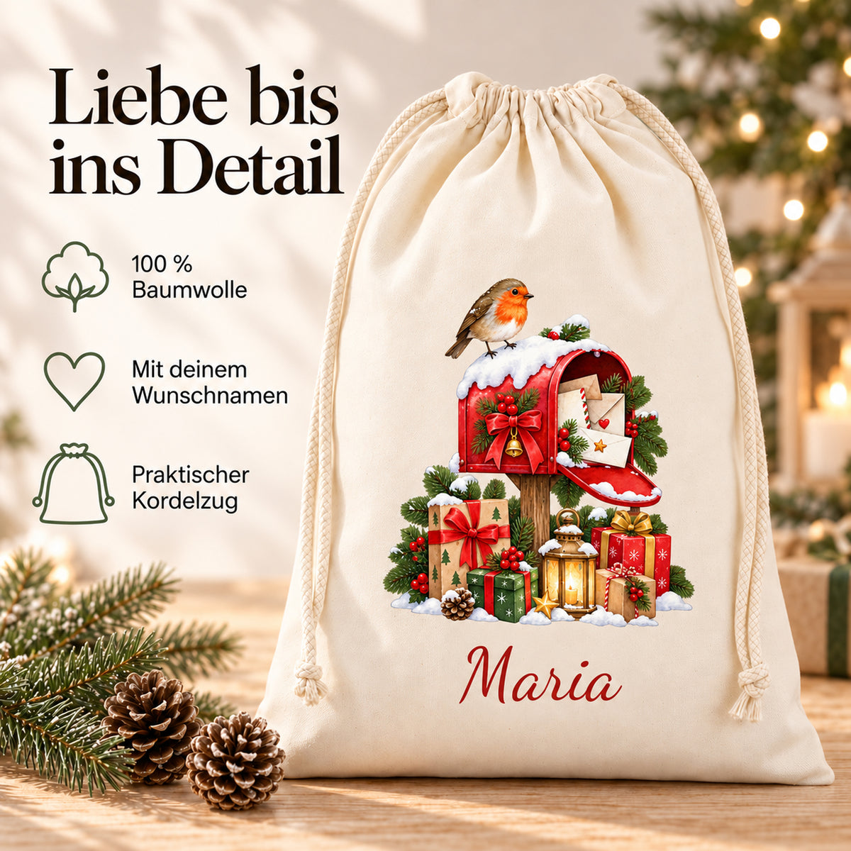Personalisierter Weihnachtspost-Beutel mit Angaben zu Baumwolle, Wunschname und Kordelzug