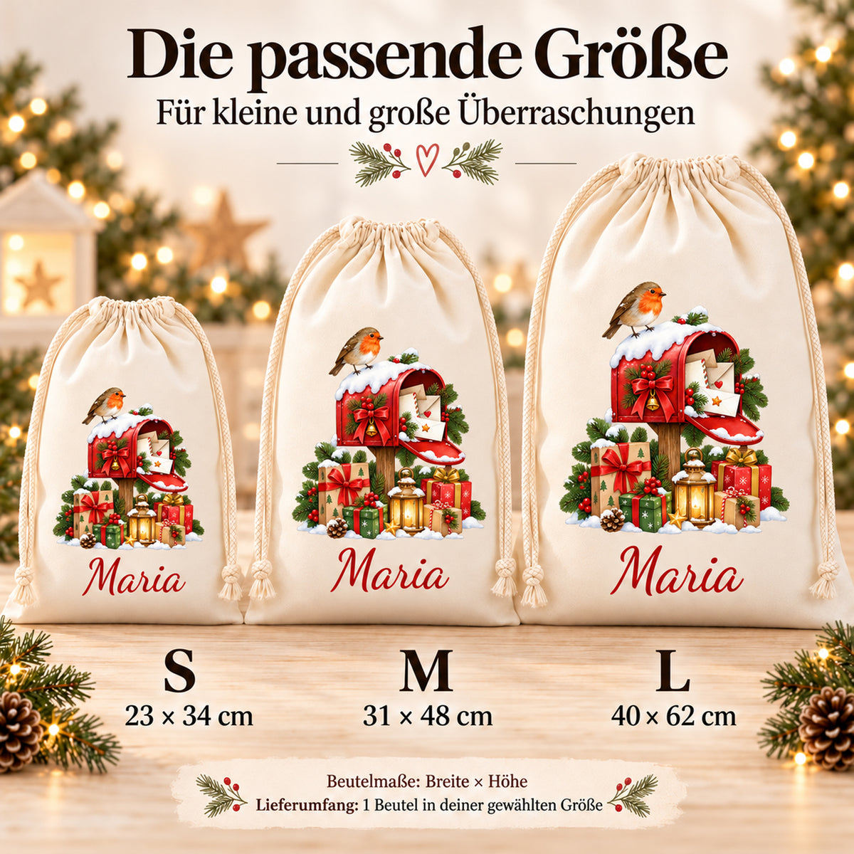 Weihnachtspost-Beutel in S, M und L; Größenübersicht mit gerundeter Höhenangabe für L