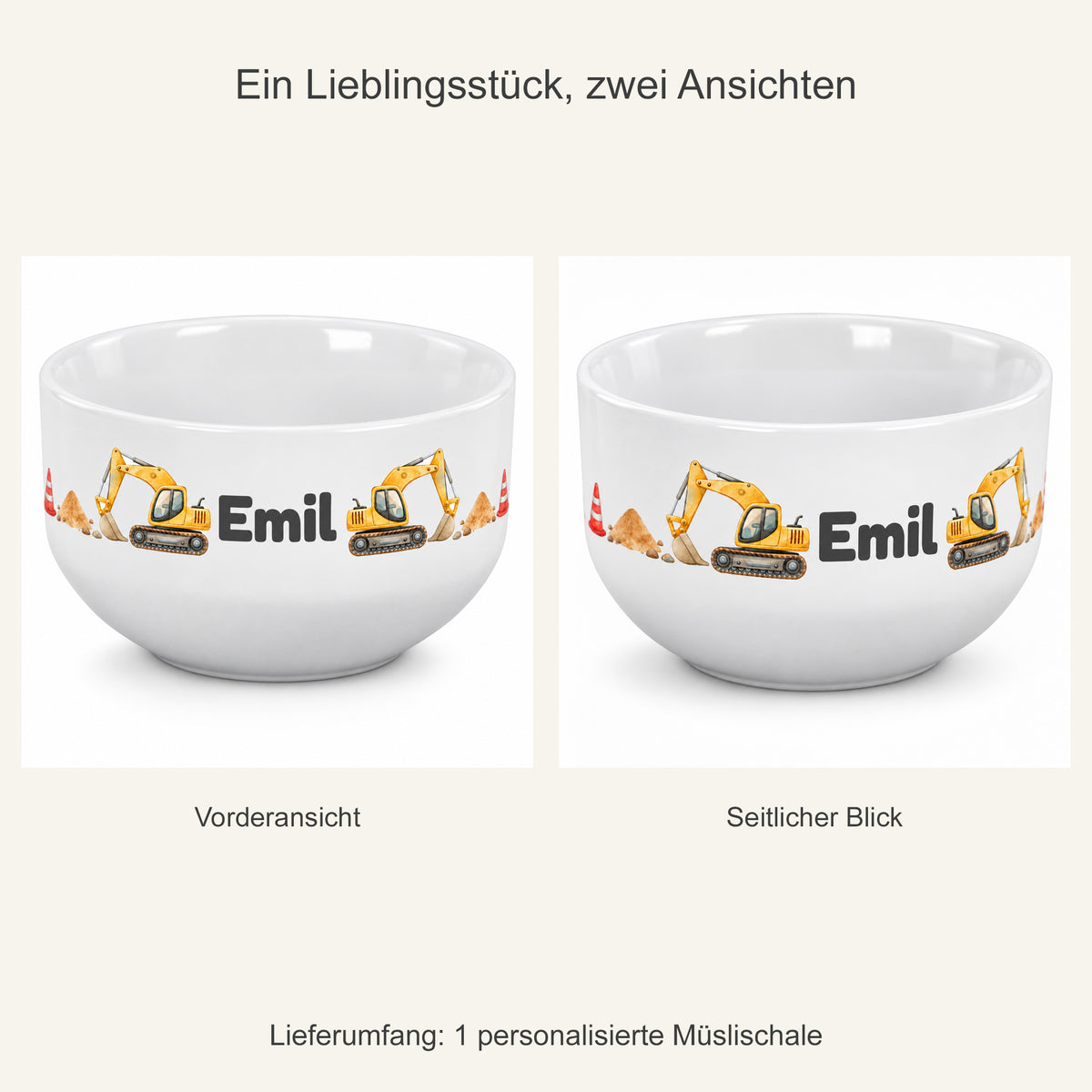 Zwei Ansichten derselben Bagger-Müslischale