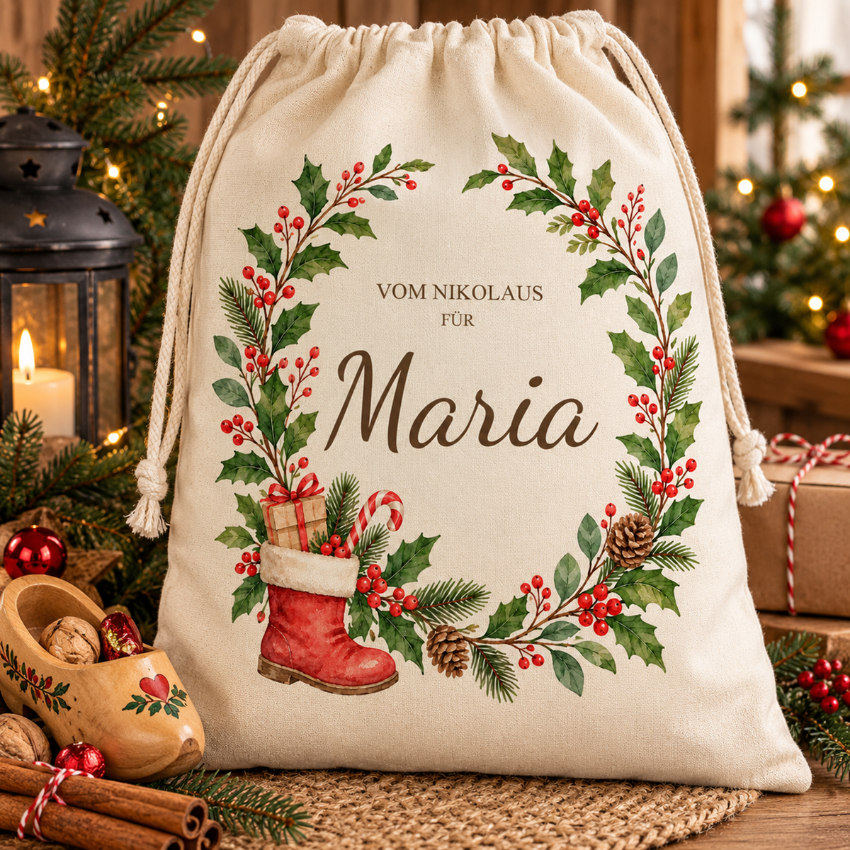 Nikolaussack mit Wunschname vor einem beleuchteten Weihnachtsbaum; daneben stehen eine Laterne und ein mit Nüssen gefüllter Holzschuh.