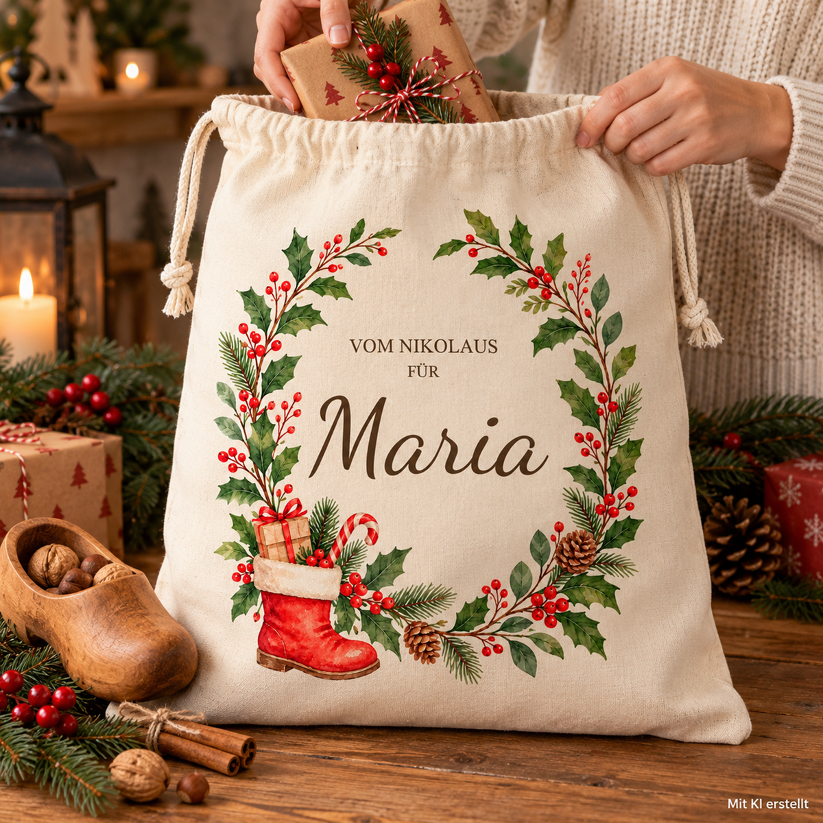 Hände legen ein verpacktes Geschenk in den geöffneten Nikolaussack mit Stiefelkranz und Wunschname; unten rechts steht Mit KI erstellt.