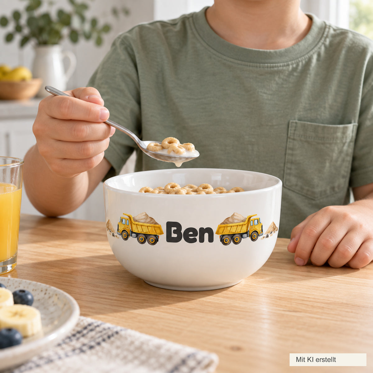 Person mit personalisierter Kipplaster-Müslischale beim Frühstück