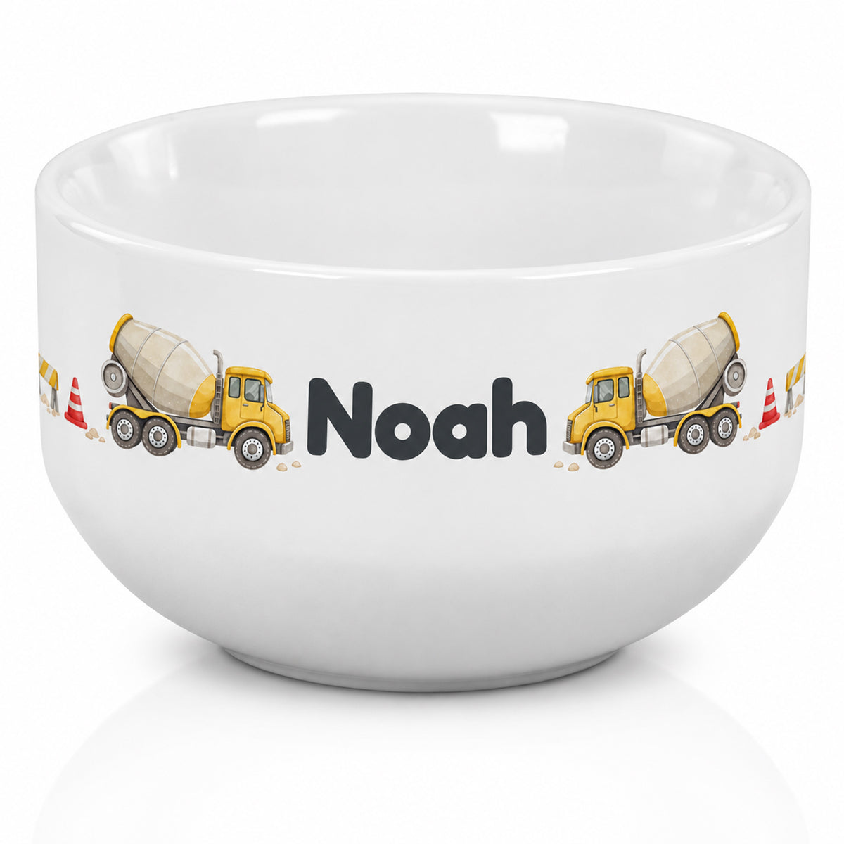 Weiße Müslischale mit Betonmischer-Motiv und Beispielname Noah