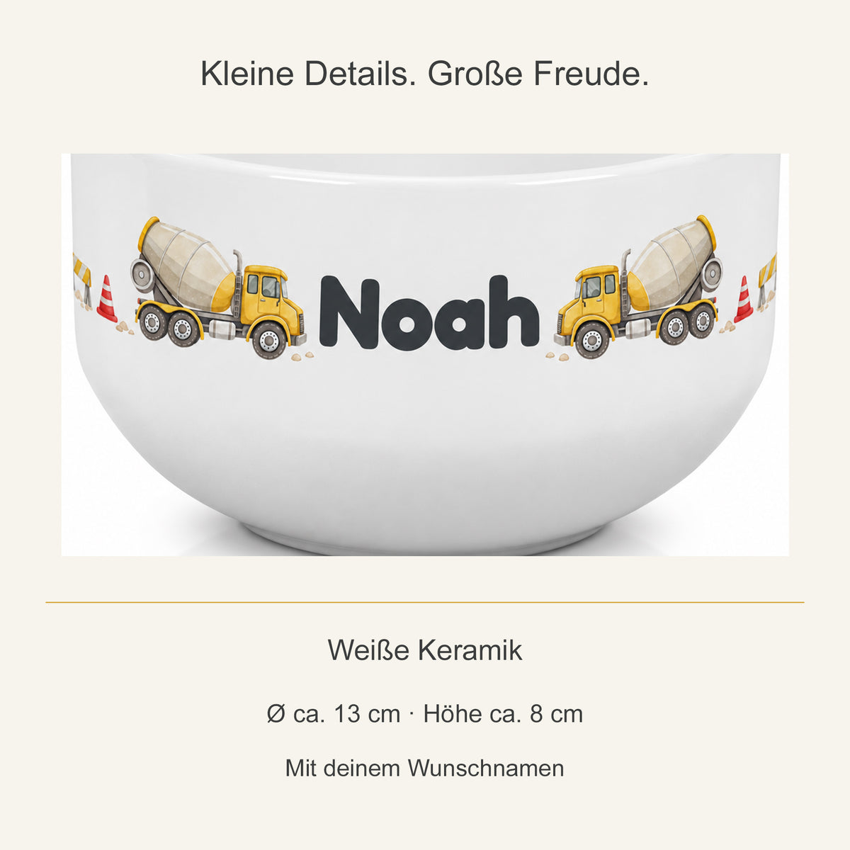 Detail des Betonmischer-Aufdrucks auf weißer Keramik
