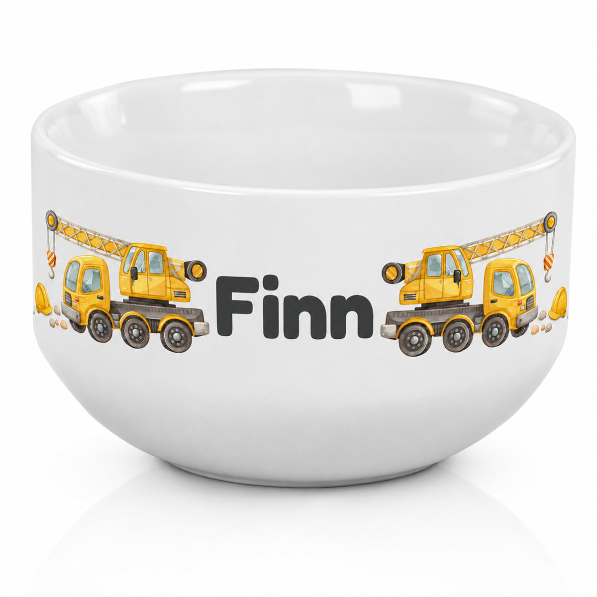 Weiße Müslischale mit Kran-Motiv und Beispielname Finn