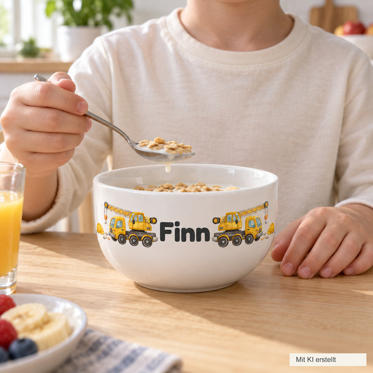 Person mit personalisierter Kran-Müslischale beim Frühstück