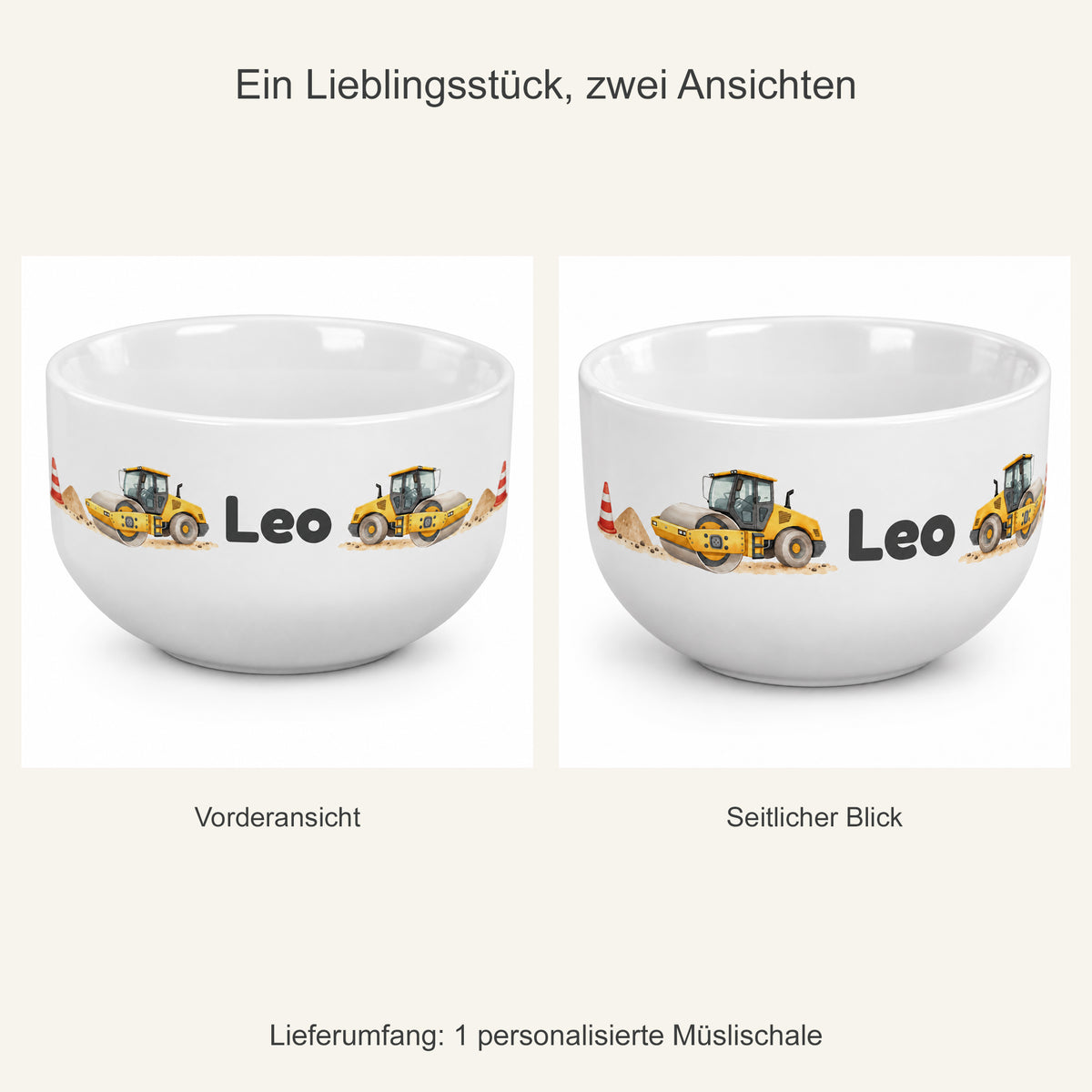 Zwei Ansichten derselben Straßenwalze-Müslischale