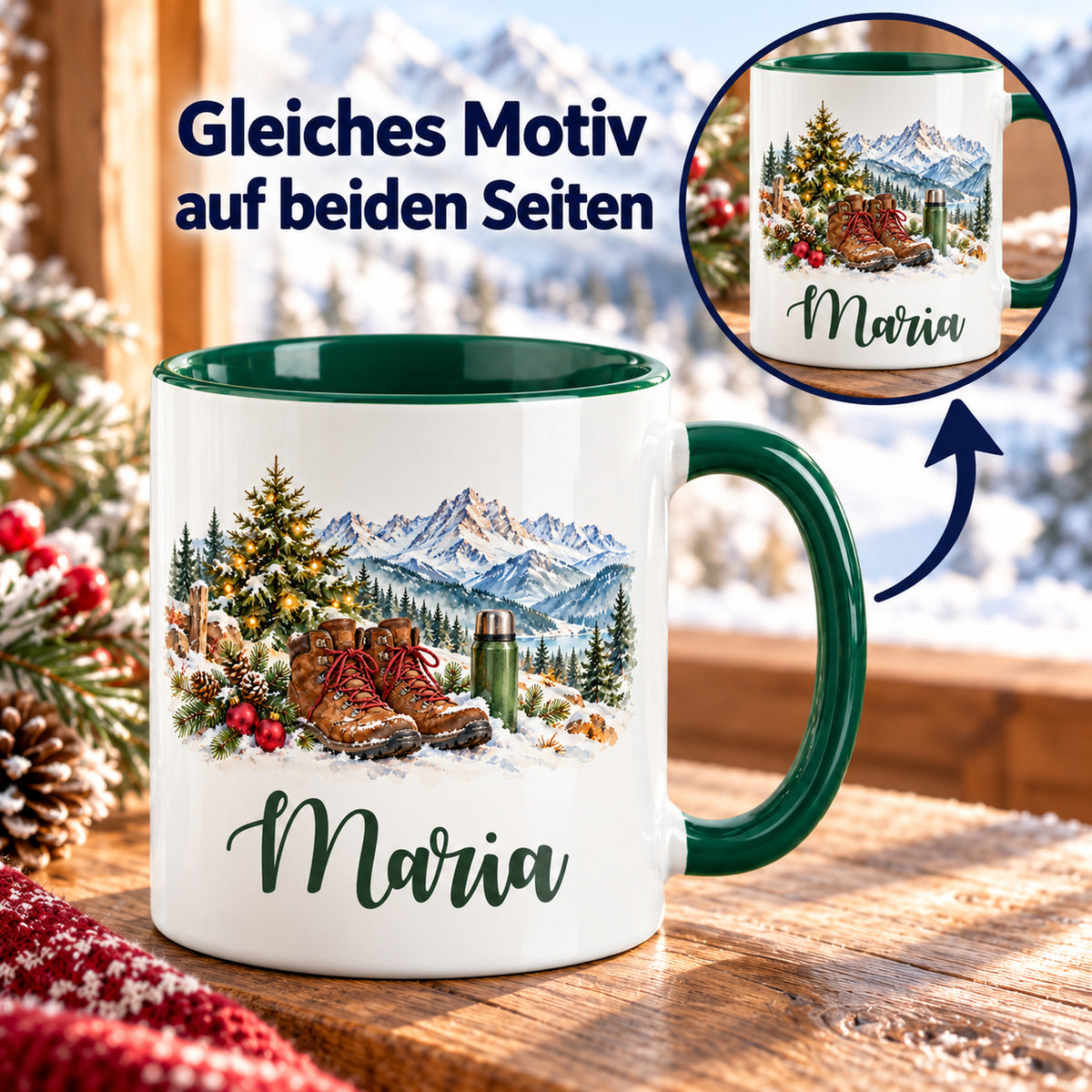 Tasse mit Detailkreis zum beidseitigen Druck: Wanderschuhe vor verschneiten Bergen.