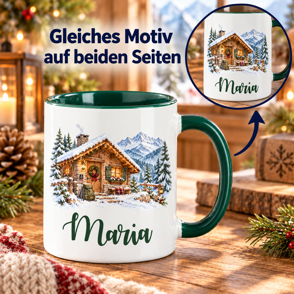 Tasse mit Detailkreis zum beidseitigen Druck: weihnachtliche Berghütte.