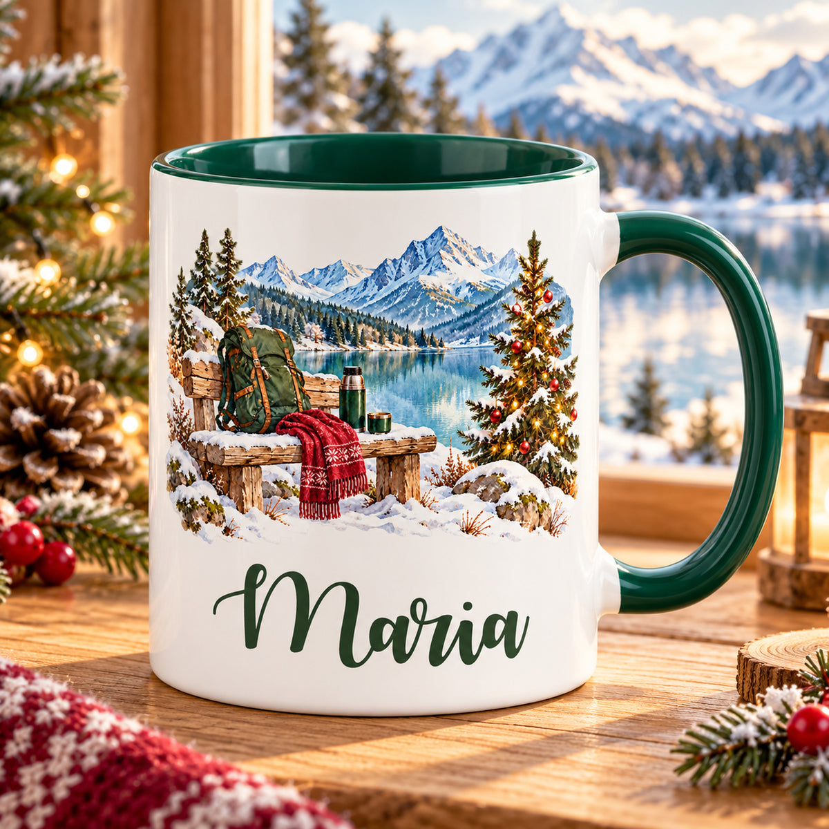 Tasse mit grünem Henkel und Name: Rastplatz am winterlichen Bergsee.