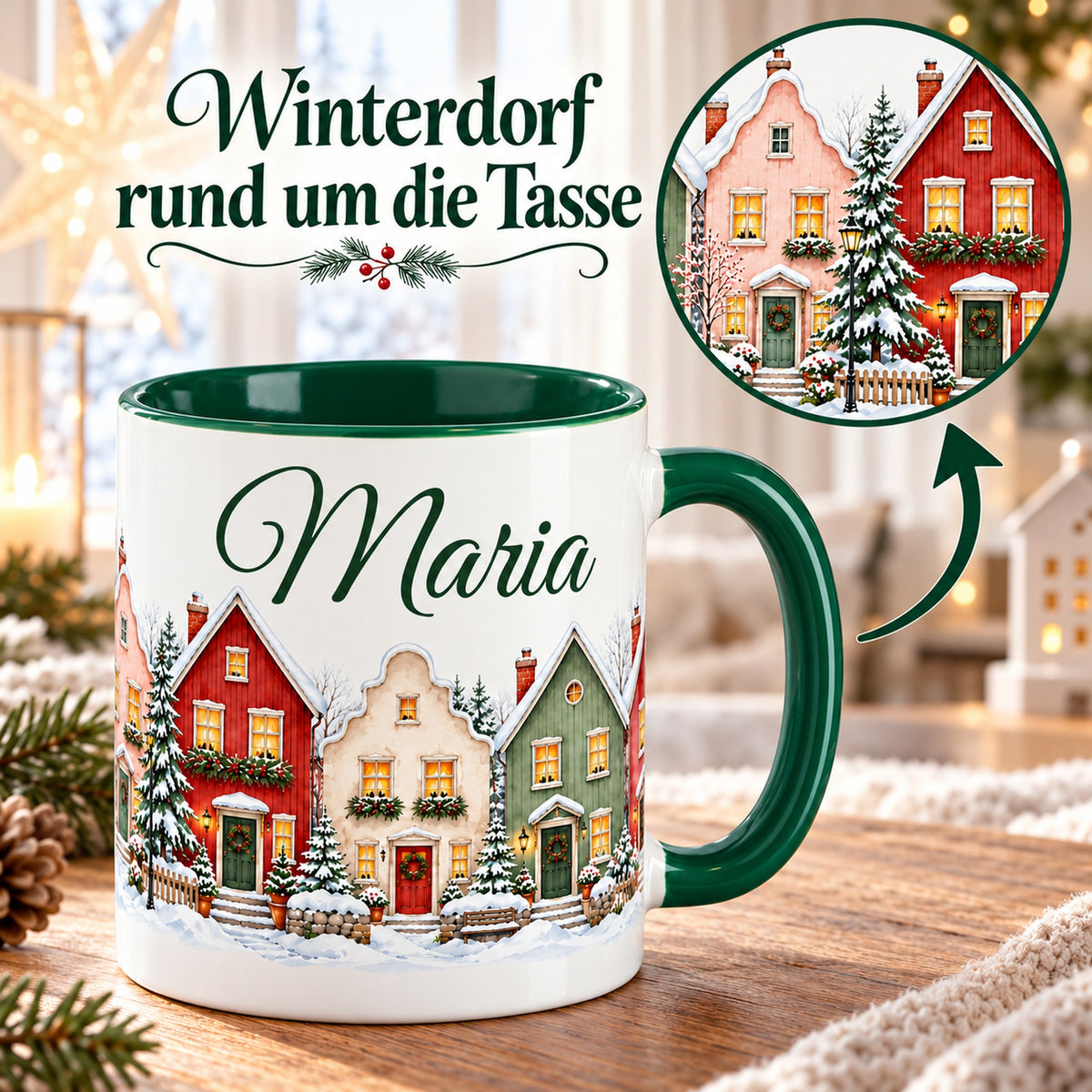 Tasse Giebelgasse mit rundem Detailausschnitt eines weiteren Abschnitts des Winterdorf-Panoramas.