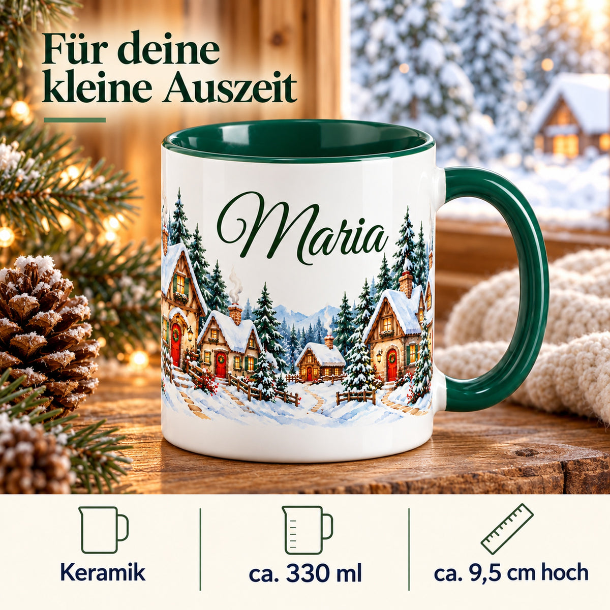 Winterdorf-Tasse Waldhäuschen mit Angaben zu Keramik, ca. 330 ml und 9,5 cm Höhe.