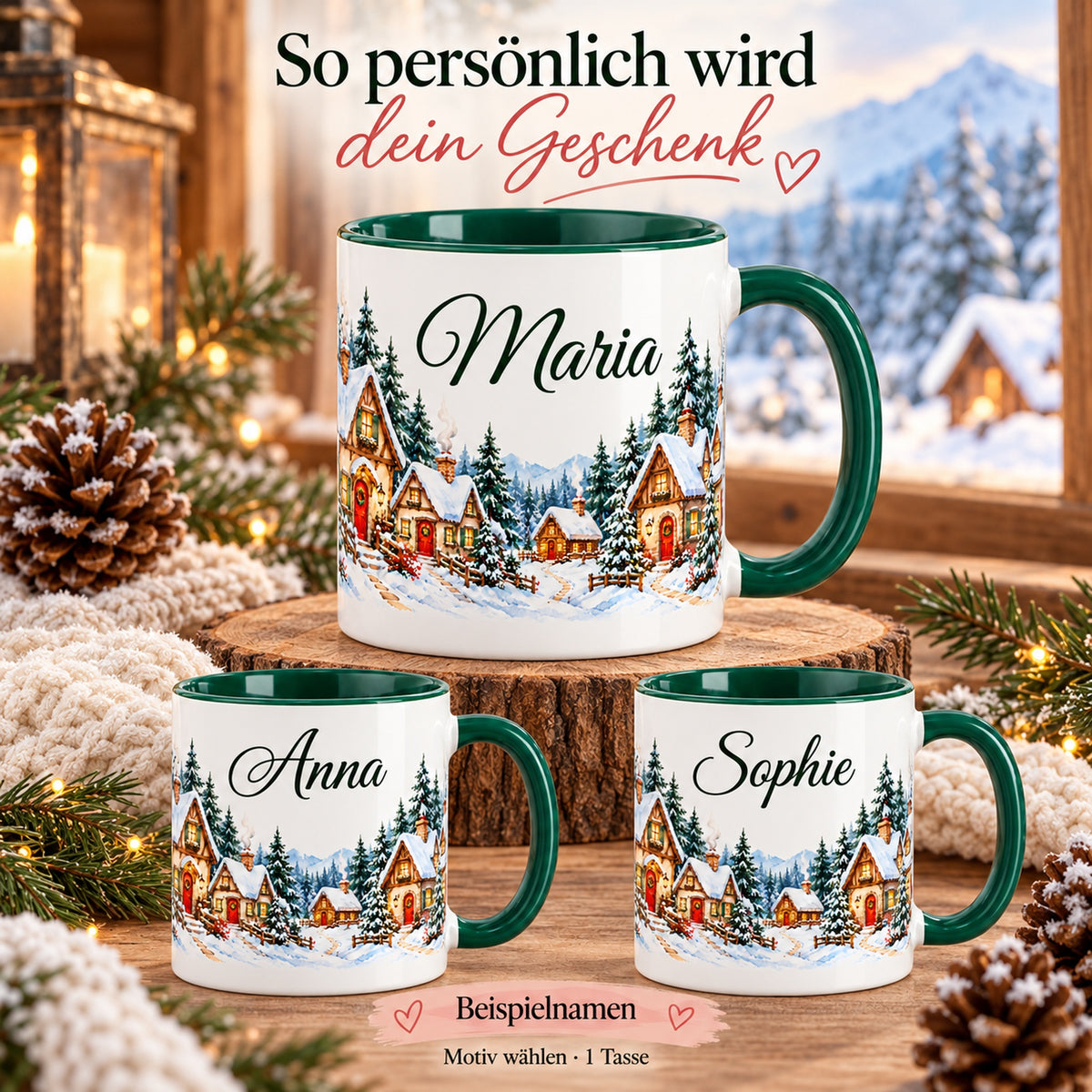 Drei Tassen Waldhäuschen mit gekennzeichneten Namensbeispielen; geliefert wird eine Tasse im gewählten Motiv.