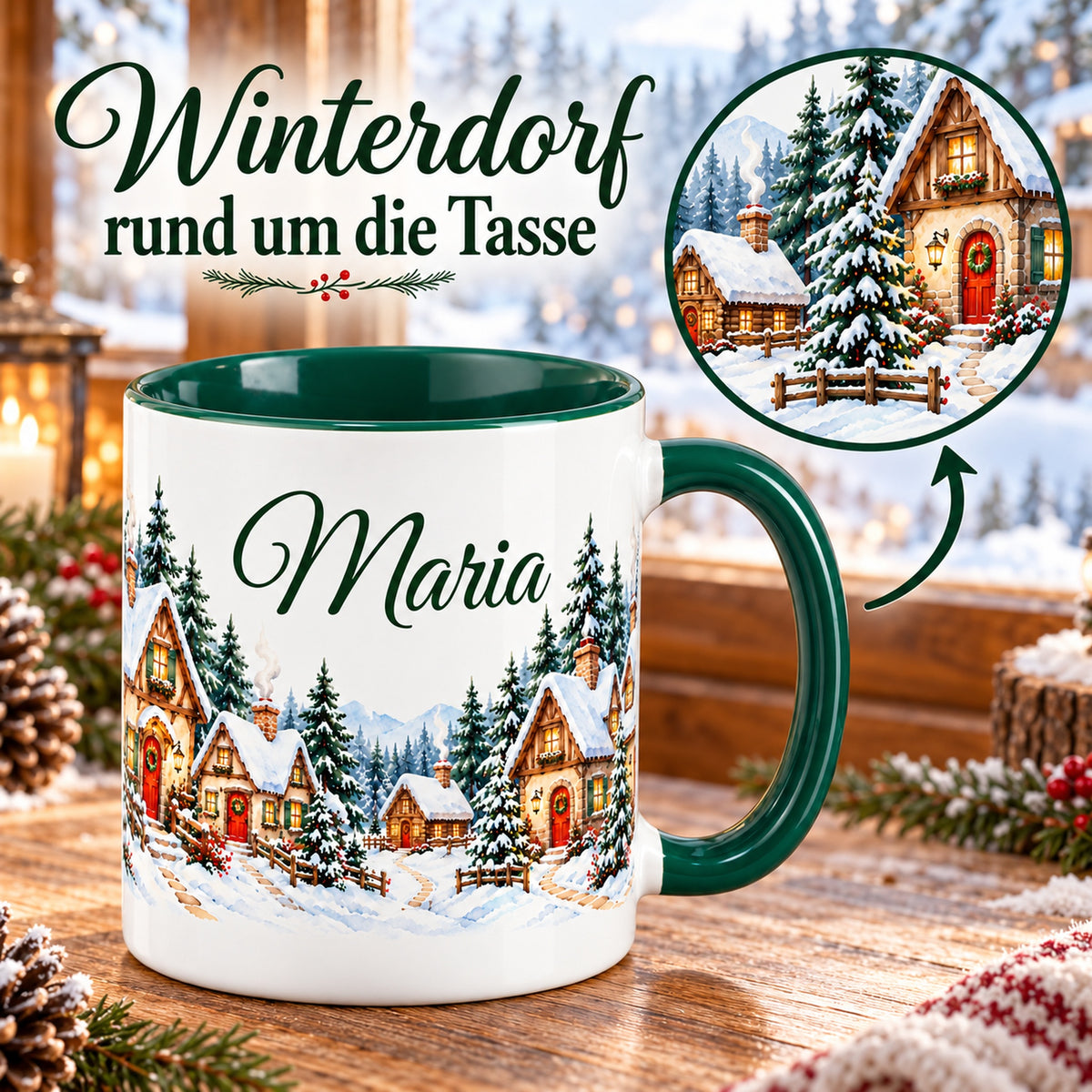 Tasse Waldhäuschen mit rundem Detailausschnitt eines weiteren Abschnitts des Winterdorf-Panoramas.
