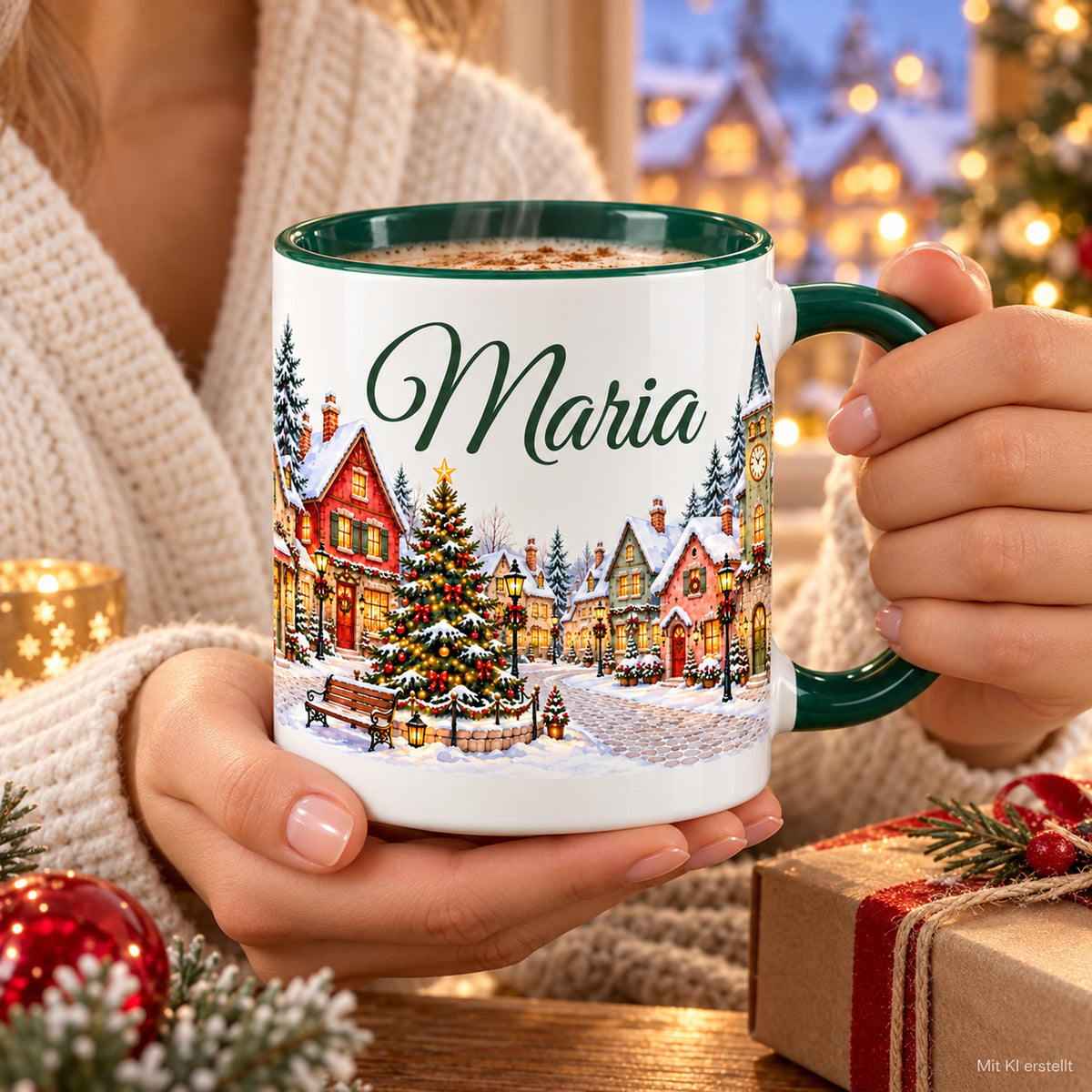 Hände halten die personalisierte Tasse Dorfplatz mit grünem Henkel.