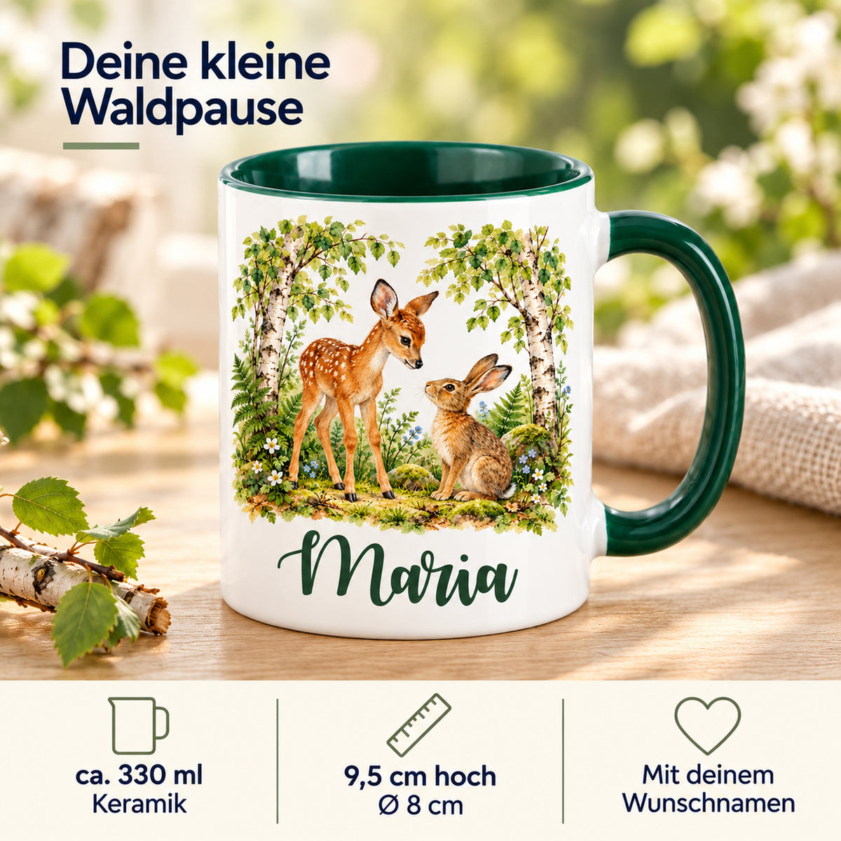 Tasse mit Rehkitz und Hasen: Infografik zu ca. 330 ml, Keramik, Maßen und Wunschnamen.