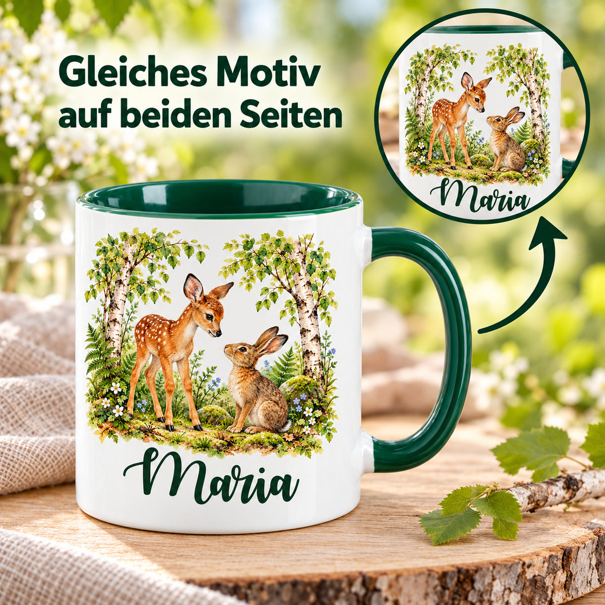 Tasse mit Rehkitz und Hasen und rundem Motivdetail; Hinweis auf dasselbe Motiv auf beiden Seiten.
