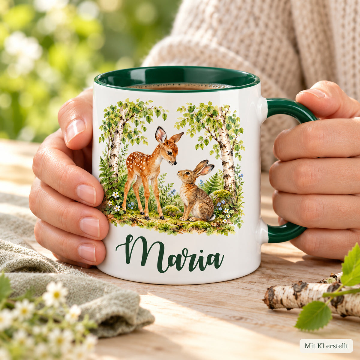 Zwei Hände halten die grüne Namenstasse mit Rehkitz und Hase auf einem Holztisch.