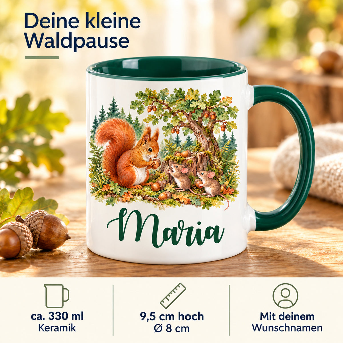 Tasse mit Eichhörnchen und Mäusen: Infografik zu ca. 330 ml, Keramik, Maßen und Wunschnamen.