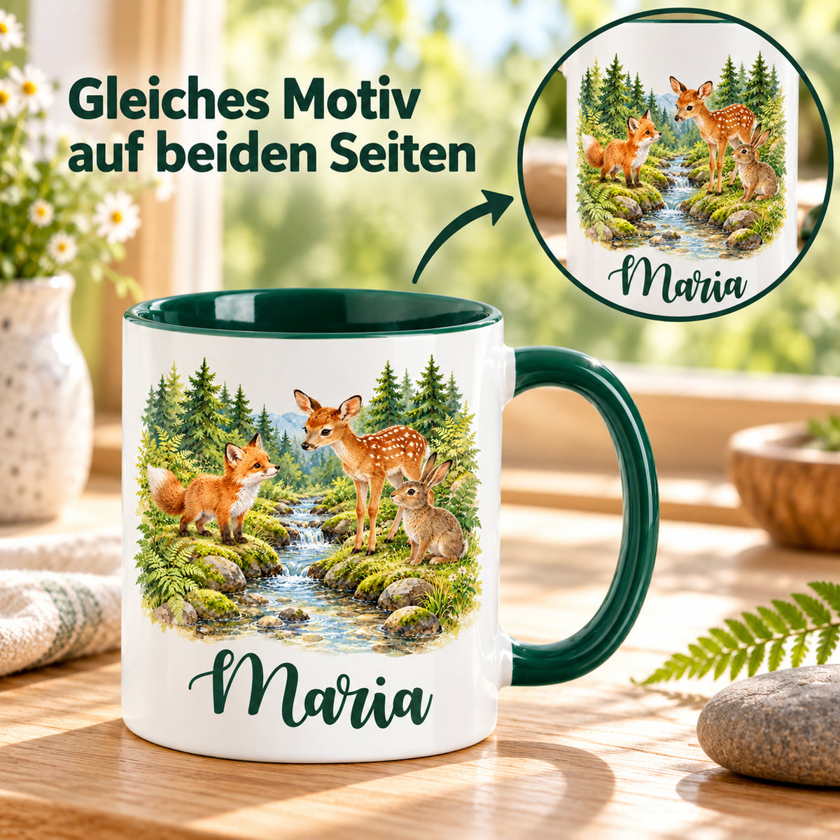 Tasse mit Fuchs, Rehkitz und Hasen am Bach und rundem Motivdetail; Hinweis auf dasselbe Motiv auf beiden Seiten.