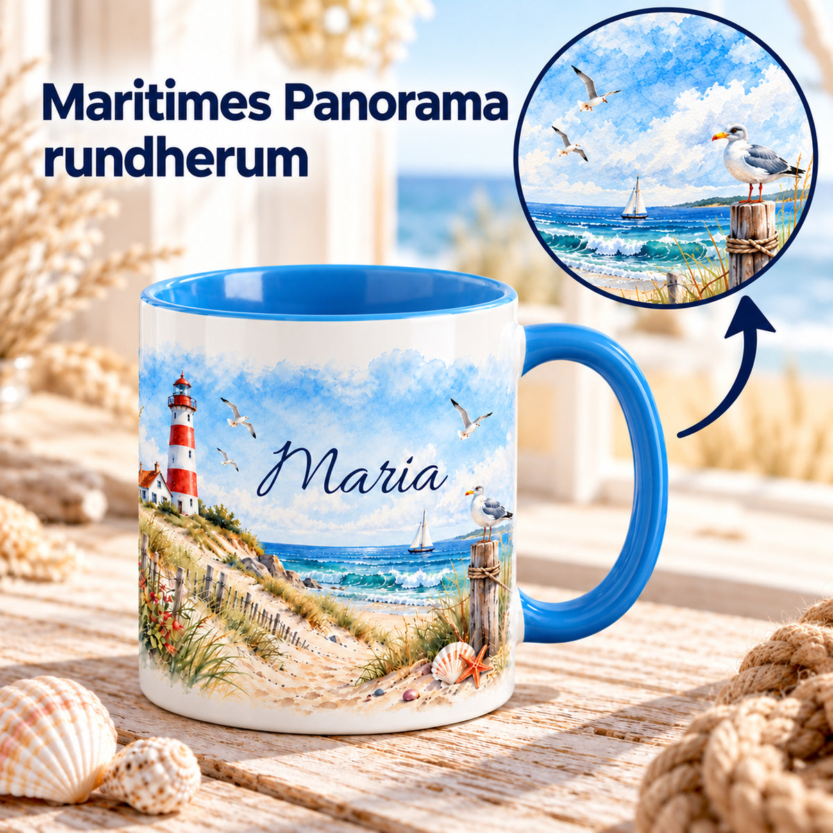 Maritime Tasse mit Drehpfeil und Detailausschnitt des umlaufenden Panoramas