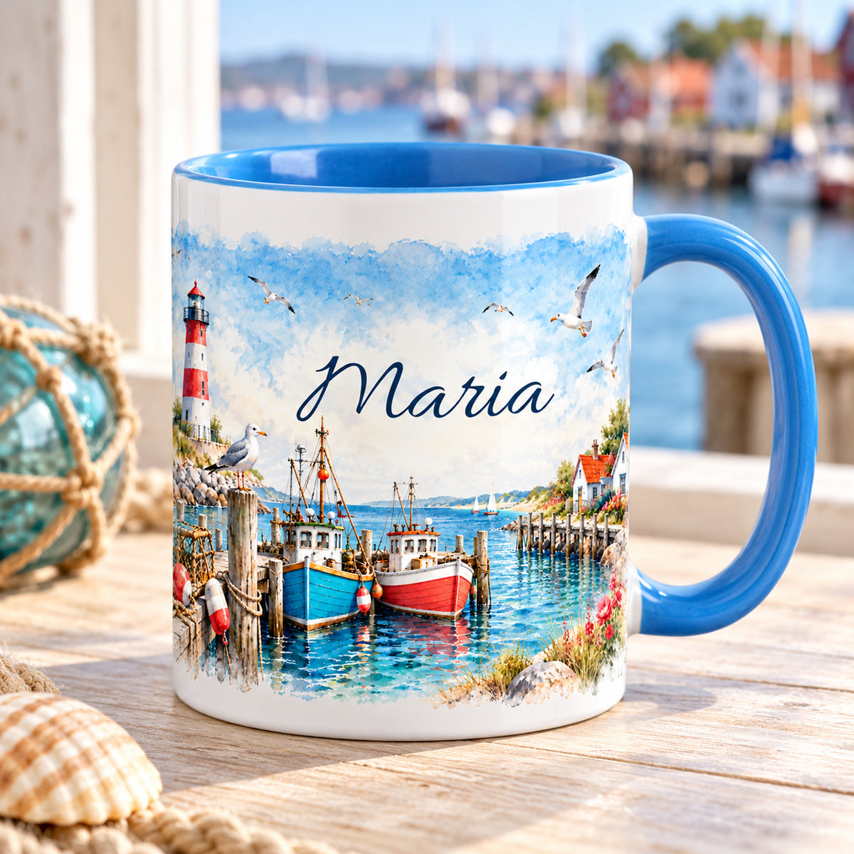Personalisierte maritime Tasse mit Fischerhafen, Meer und hellblauem Henkel in Küstenszene