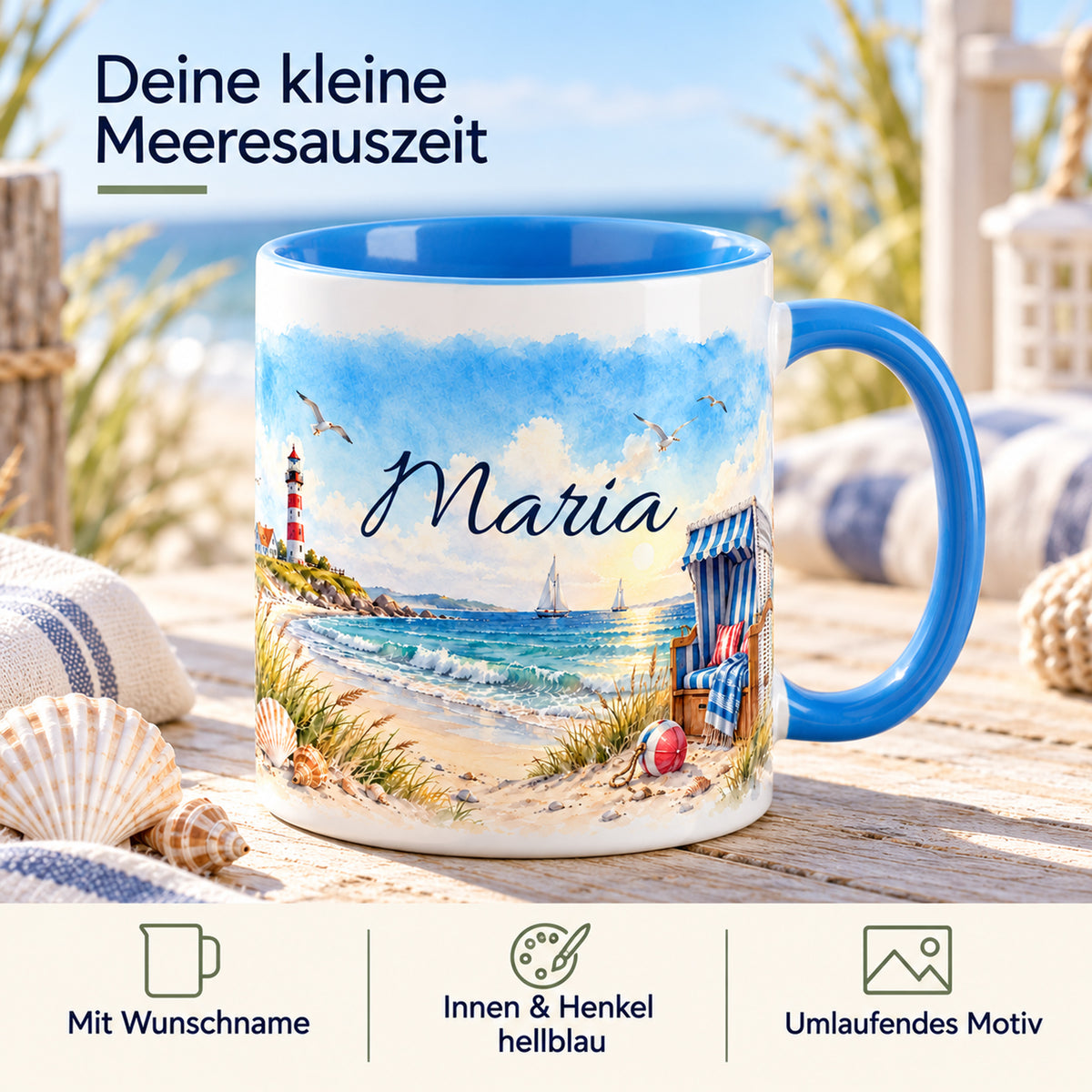 Maritime Tasse mit Strandkorb, Wunschname und Hinweisen zur Gestaltung
