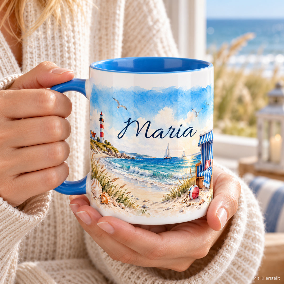 Hände halten eine maritime Tasse mit Wunschname und hellblauem Henkel