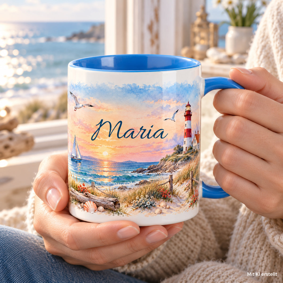 Hände halten eine maritime Tasse mit Wunschname und hellblauem Henkel