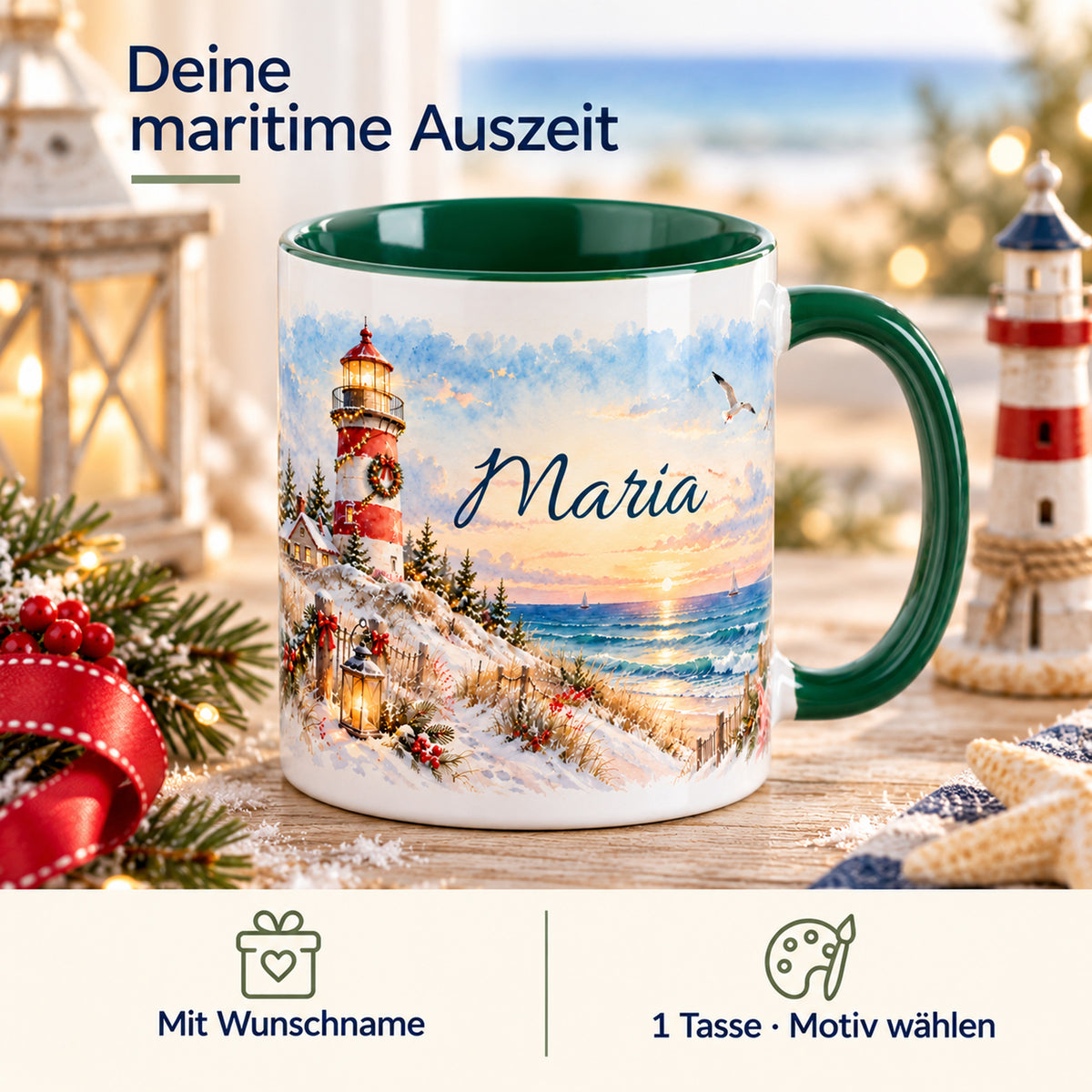 Maritime Weihnachtstasse Weihnachtsleuchtturm mit Hinweisen auf Wunschname und die Auswahl einer Tasse.